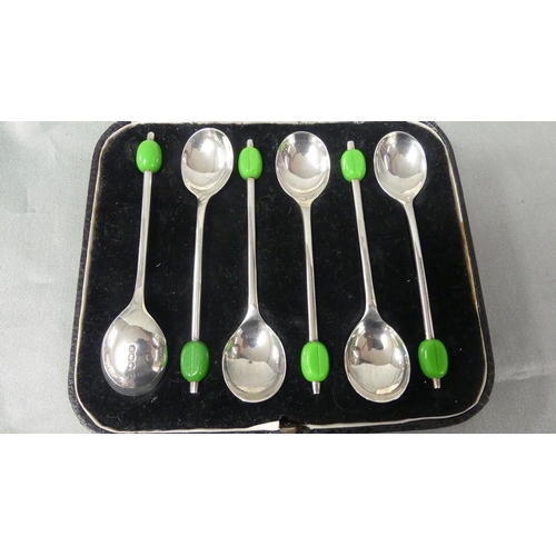 1605 - Cased Set of Six Sheffield Silver Coffee Spoons with Green Bean Terminals, weighing approx 1.9oz tro... 