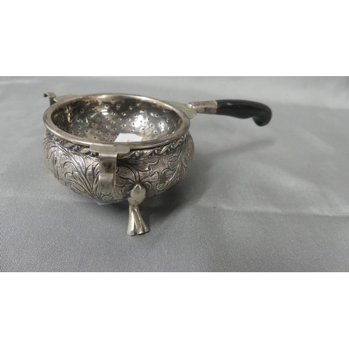 1615 - Middle Eastern Engraved White Metal Tea Strainer on Stand.