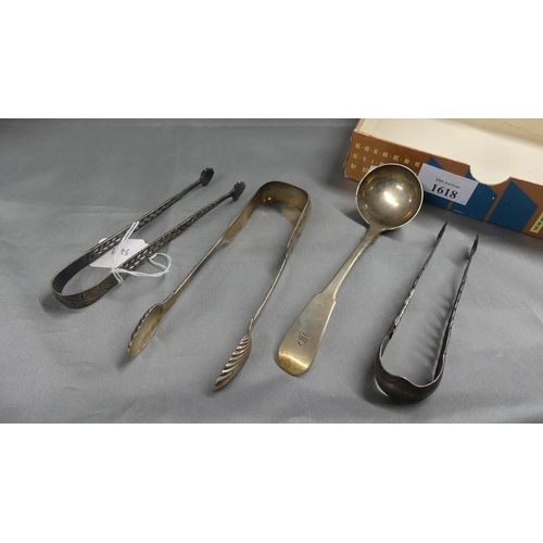 1618 - Antique Silver Sugar Tongs & Toddy Ladle.