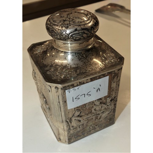 1575A - Silver Tea Poy Decorated with Panels of Figures, approx 11cm tall, weighing approx 8.3oz troy.