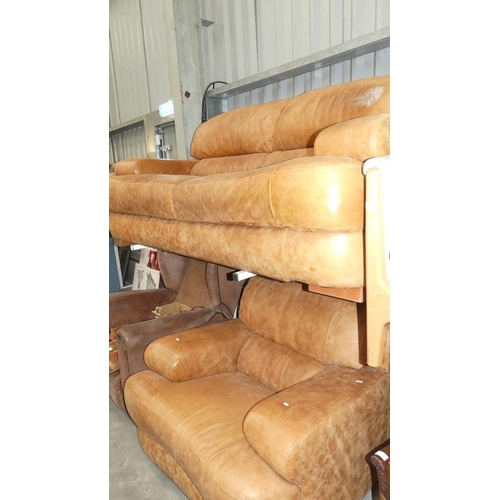 2309 - Tan Leather 3 Seat Sofa & Chair.