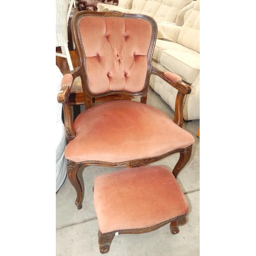 2742 - Stained Pine Framed Elbow Chair & Stool.