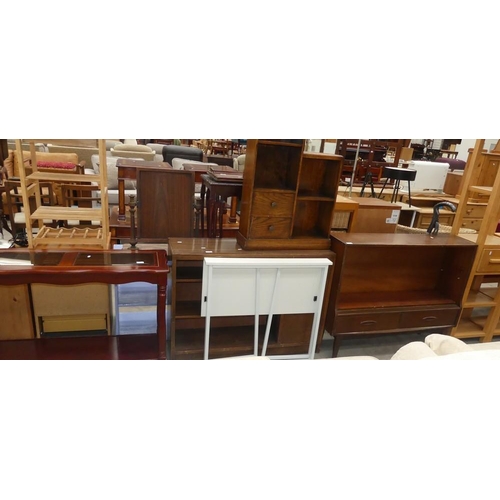 2743 - Console Table, Drop Leaf Table, Oak & Teak Bookcases.