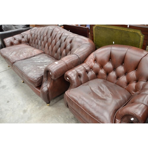 2868 - Brown Leather Button back Sofa & Chair