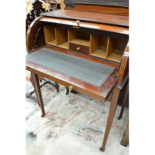 2877 - Edwardian Mahogany Inlaid Cylinder Top Writing Bureau