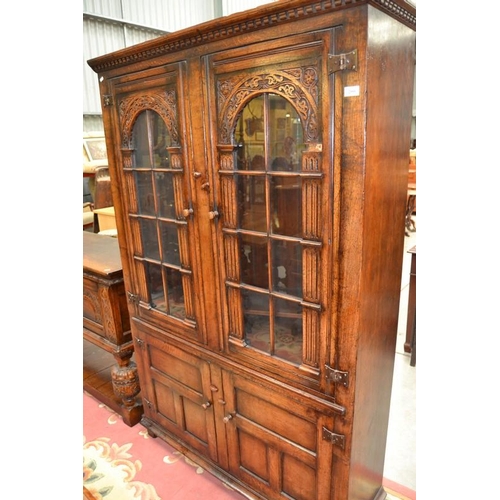 2888 - Carved Oak Glass Front Bookcase - approx Width 120cm x Depth 37cm & Height 183cm.