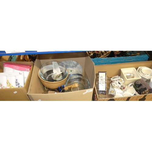 211 - 3 Boxes - Mixing Bowls, Handkerchiefs, etc.