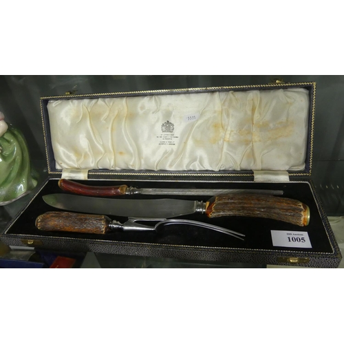 1005 - Cased Carving Set with Stag Horn Handles.