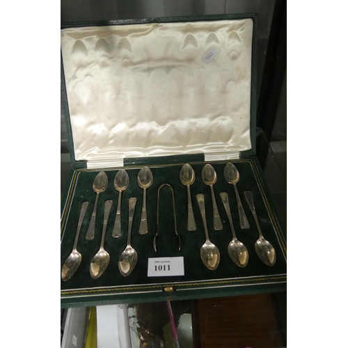 1011 - Cased Set of 12 Sheffield Silver Coffee Spoons & Tongs - 4.9oz troy.