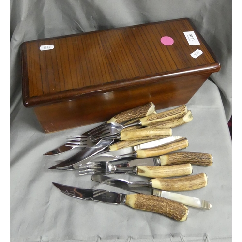 1018 - Wooden Box Containing Horn Handled Cutlery.