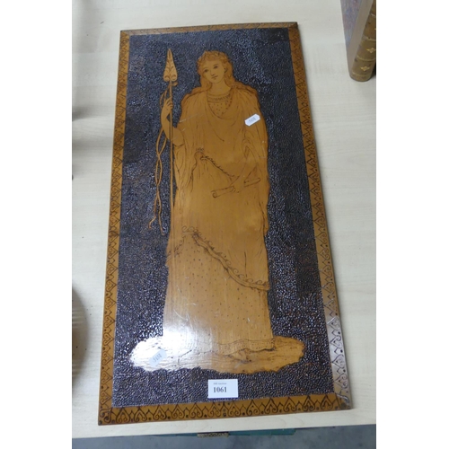 1061 - Large Late Victorian Pokerwork Panel - Pre Raphaelite Style Female Figure measuring approx 33 x 65cm... 