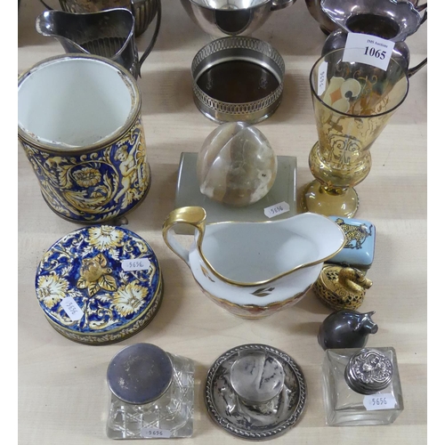 1065 - Three Inkwells, Bohemian Glass Goblet, Trinket Box etc.