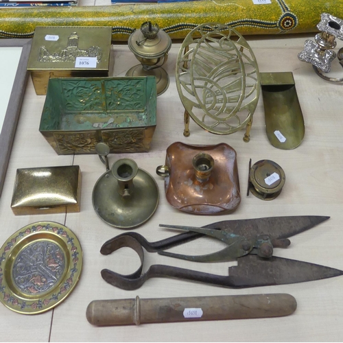 1076 - Assorted Brass & Copper - Chamber Candlesticks, Fishing Reel, Trivet etc.