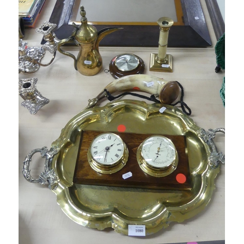 1080 - Brass Two Handled Tray, Two Barometers, Powder Horn etc.