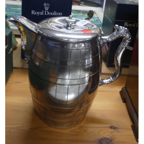 1109 - Large Silverplated Barrel Shaped Beer Jug.