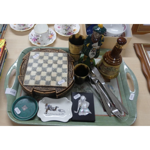 1125 - Tray Lot - Figural Decanter, Horn Beakers, Iona Style Chess Set, Norwegian Cutlery etc.