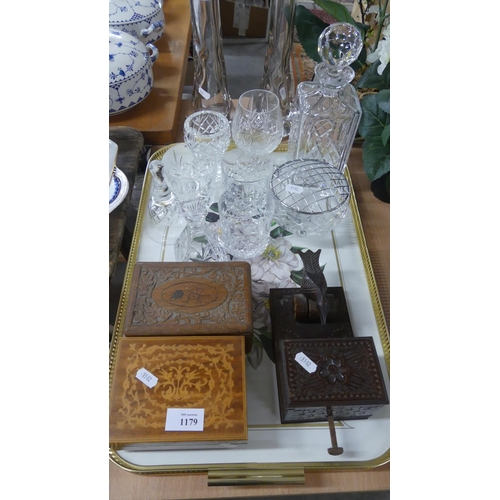 1179 - Tray Lot - Novelty Cigarette Dispenser, Assorted Wine Glasses, Decanter etc.