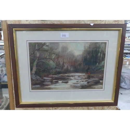 1216 - Framed Pastel - Fishing on The River Allan Canada, Signed McAnally, approx 37 x 24cm.