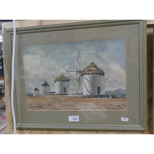 1219 - Framed Watercolour - Continental Windmills, approx 36 x 24cm.