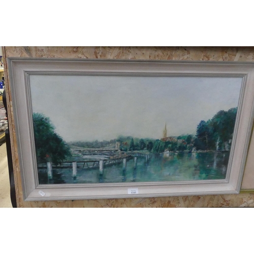 1243 - Framed Oil on Board - Thames River by Derek Johenson dated 1991, approx 69 x 39cm.