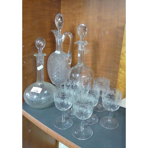 1258 - Three Cut Glass Decanters & Six Etched Small Wine Glasses.