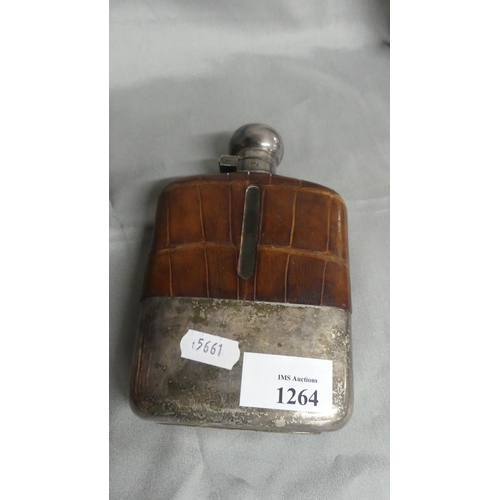 1264 - Large Size Glass Hip Flask with Plated Mounts & Simulated Crocodile Skin Cover.