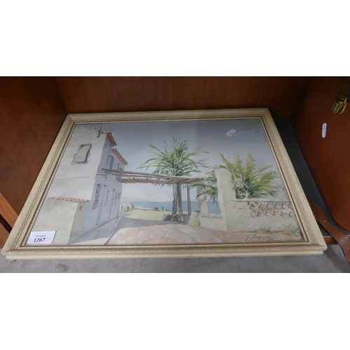 1267 - Framed Watercolour - Mediterranean Coastal Scene by F. Andrada, measures approx 43 x 32cm.