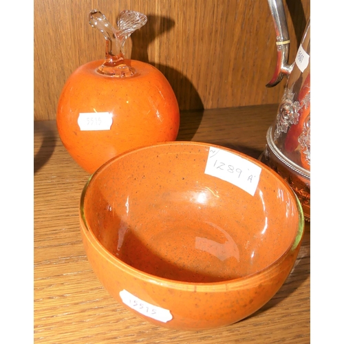 1289A - Orange Art Glass Apple & Bowl.