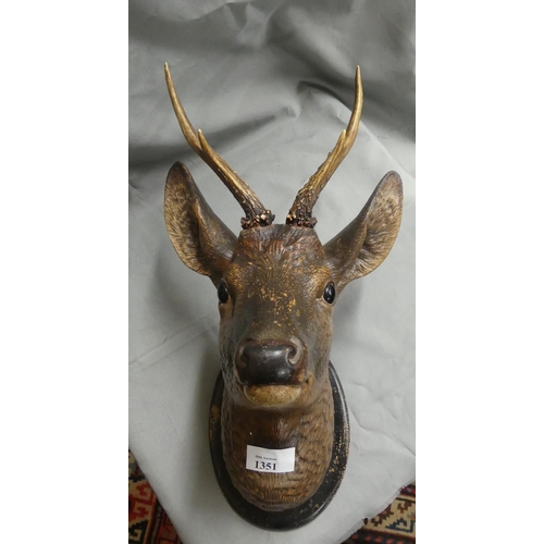 1351 - Decorative Pottery Roe Deer Buck Wall Mounted Head.