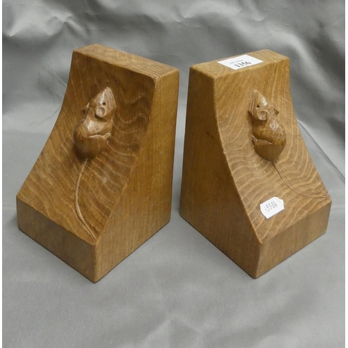 1356 - Pair of Mouseman Thompson Oak Bookends, central Mouse carving on each piece, approx 15cm tall.