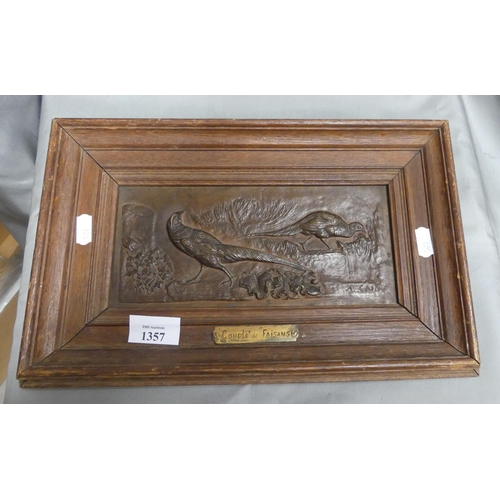 1357 - Framed Embossed Copper Panel depicting Golden Pheasants signed A. Cain, approx 23 x 10cm.