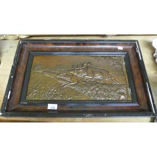 1358 - Framed Embossed Copper Panel depicting Stag & Hind breaking cover, signed H. Henies, approx 45 x 22c... 