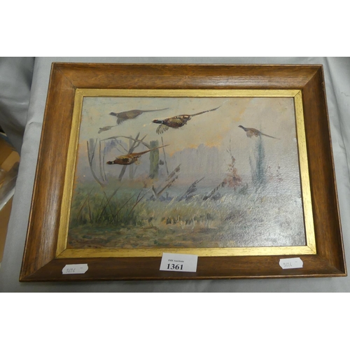 1361 - Framed Oil on Board - Gamebirds in Landscape, signed E. Merite, approx 26 x 18cm.