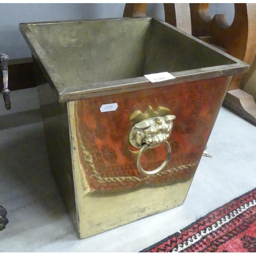 1366 - Brass Square Tapered Planter with Chinese Lion Mask Handles.