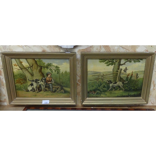 1408 - Small Pair of Oil Paintings - Hunting Dogs & Figures, approx 31 x 23cm.