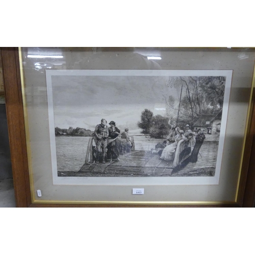 1413 - Victorian Framed Print - Figures on River Ferry, signed Robert MacBeth, approx 53 x 33cm.