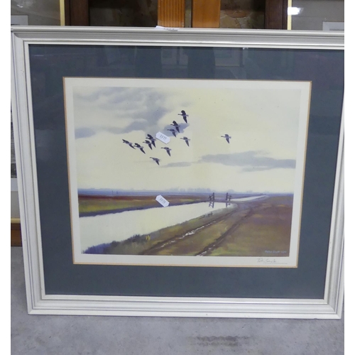 1414 - Framed Signed Peter Scott Print - Geese in Flight, approx   38 x 31cm.