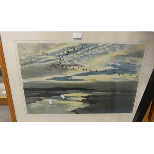 1416 - Framed Peter Scott Print - Geese in Flight, approx 61 x 39cm.