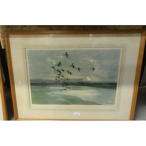 1417 - Framed Signed Peter Scott Print - Ducks in Flight, approx 53 x 35cm.