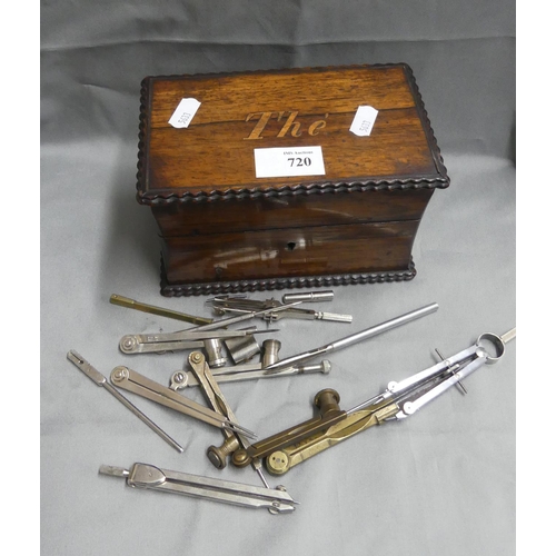 720 - Oak Box - Containing various drawing instruments.