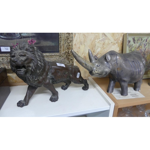 731 - Spelter Lion (AF) & Large Soapstone Rhino.