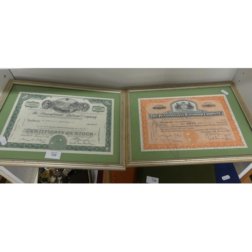 733 - Two Framed Stocks Certificates circa 1950's/ 60's - Pennsylvania Railway Company.