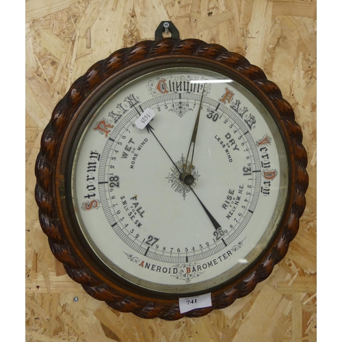 741 - Large Victorian Carved Mahogany Aneroid Barometer, approx   33cm in diameter.