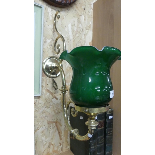 742 - Brass Wall Light with Green Glass Shade.