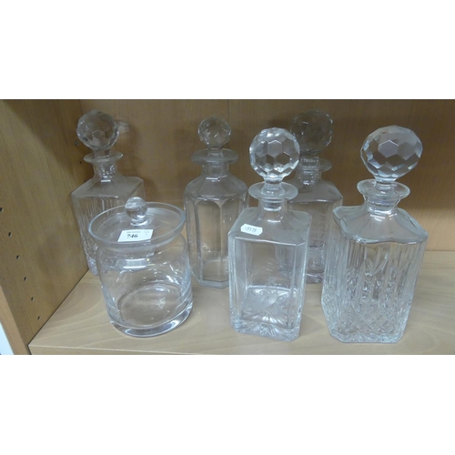 746 - Five Cut Glass Whisky Decanters & Biscuit Barrel.