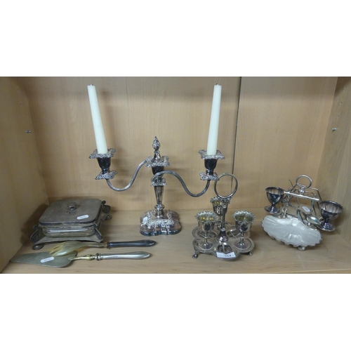 754 - Assorted Silverplated Wares, Candelabra, Egg Epergnes etc.