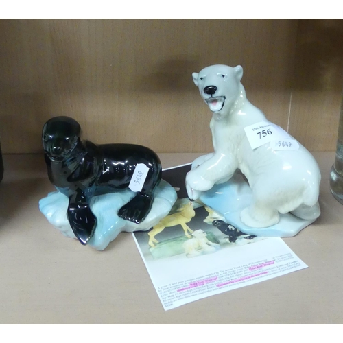 756 - Two Porcelain Figurines - Polar Bear & Seal.