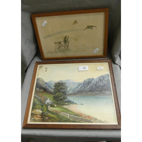 769 - Framed Watercolour - Loch Scene & Signed Hunting Print by Leon Dachin.