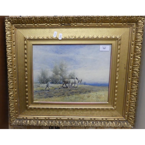 787 - Framed Watercolour - Plough Horse Signed G R Cowans, approx 32 x 25cm.