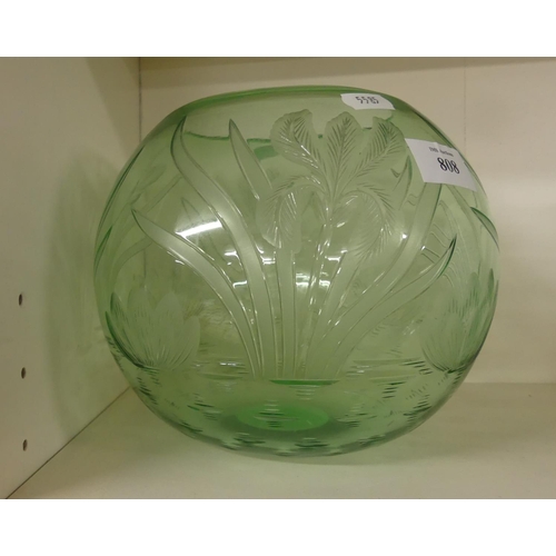 808 - Green Coloured Art Glass Bowl Engraved with Flowers.